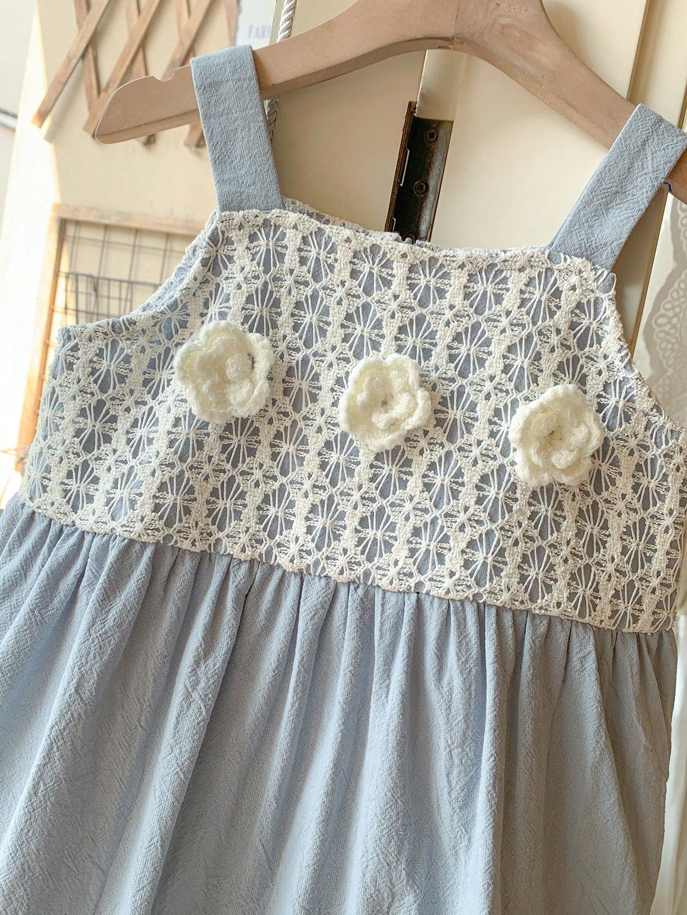 Young Girls' French Elegant Blue 3D Floral Decor Loose Camisole Dress