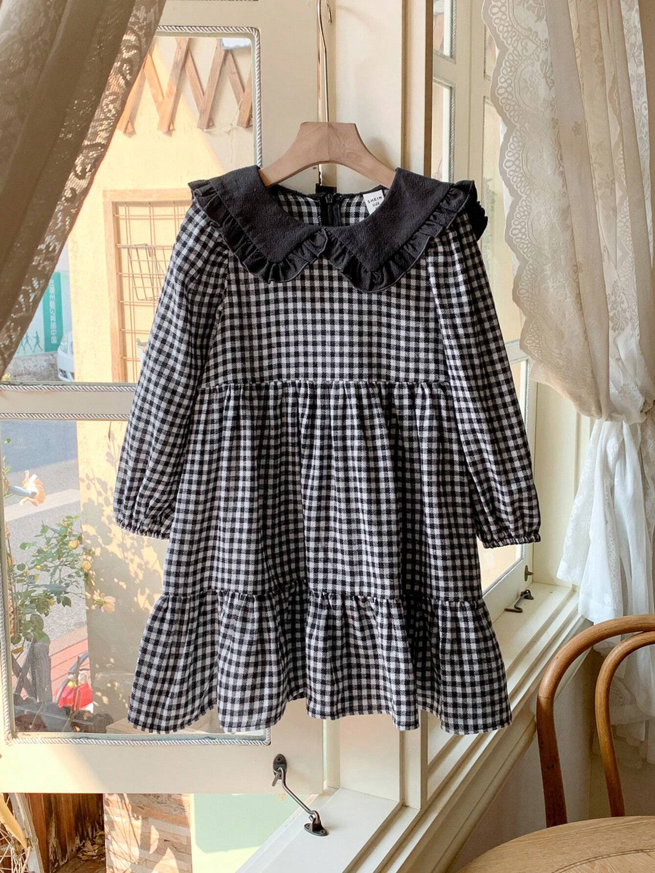 Young Girls Elegant Black & White Plaid Woven V-Neck A-Line Dress Black & White