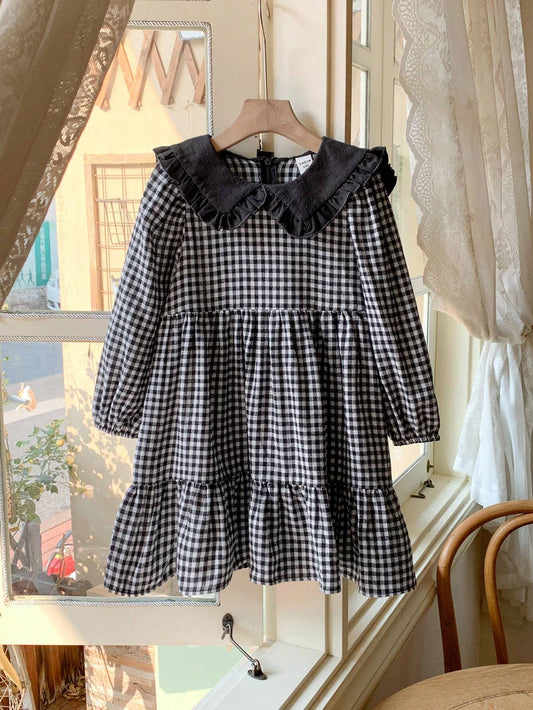 Young Girls Elegant Black & White Plaid Woven V-Neck A-Line Dress Black & White