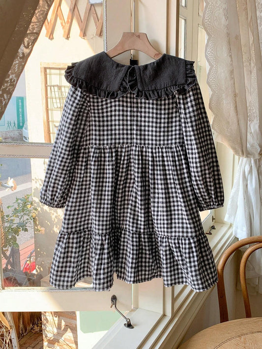 Young Girls Elegant Black & White Plaid Woven V-Neck A-Line Dress