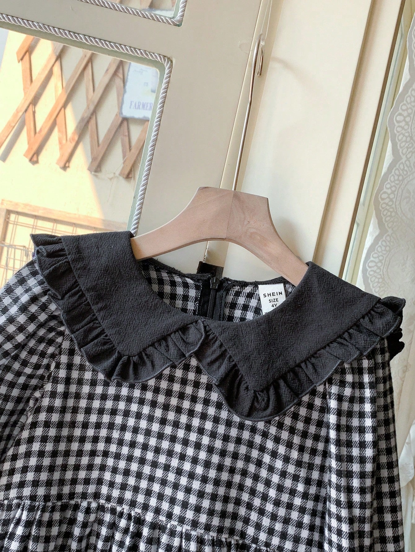 Young Girls Elegant Black & White Plaid Woven V-Neck A-Line Dress
