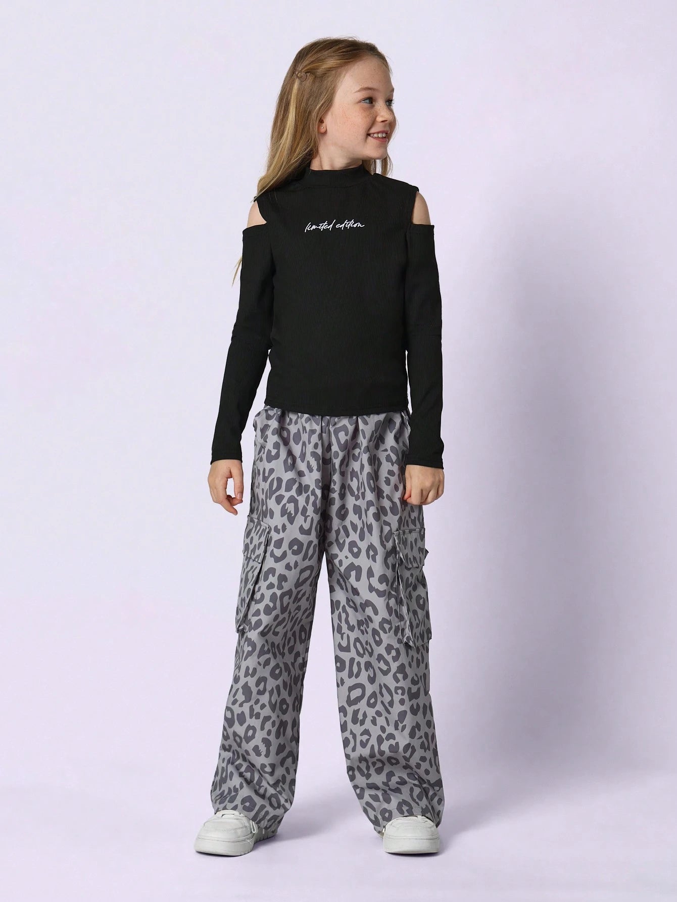 Tween Girls Slim Fit Cold Shoulder Rib Shirt And Cheetah Printed Cargo Pant Multicolor