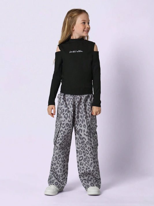 Tween Girls Slim Fit Cold Shoulder Rib Shirt And Cheetah Printed Cargo Pant Multicolor