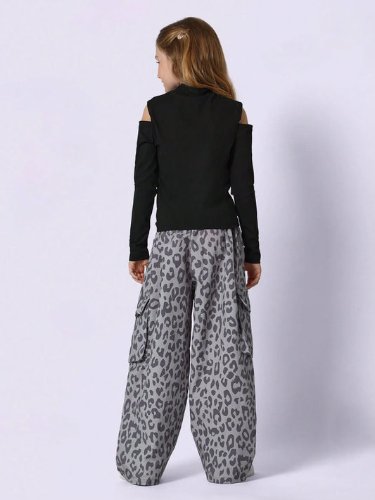 Tween Girls Slim Fit Cold Shoulder Rib Shirt And Cheetah Printed Cargo Pant