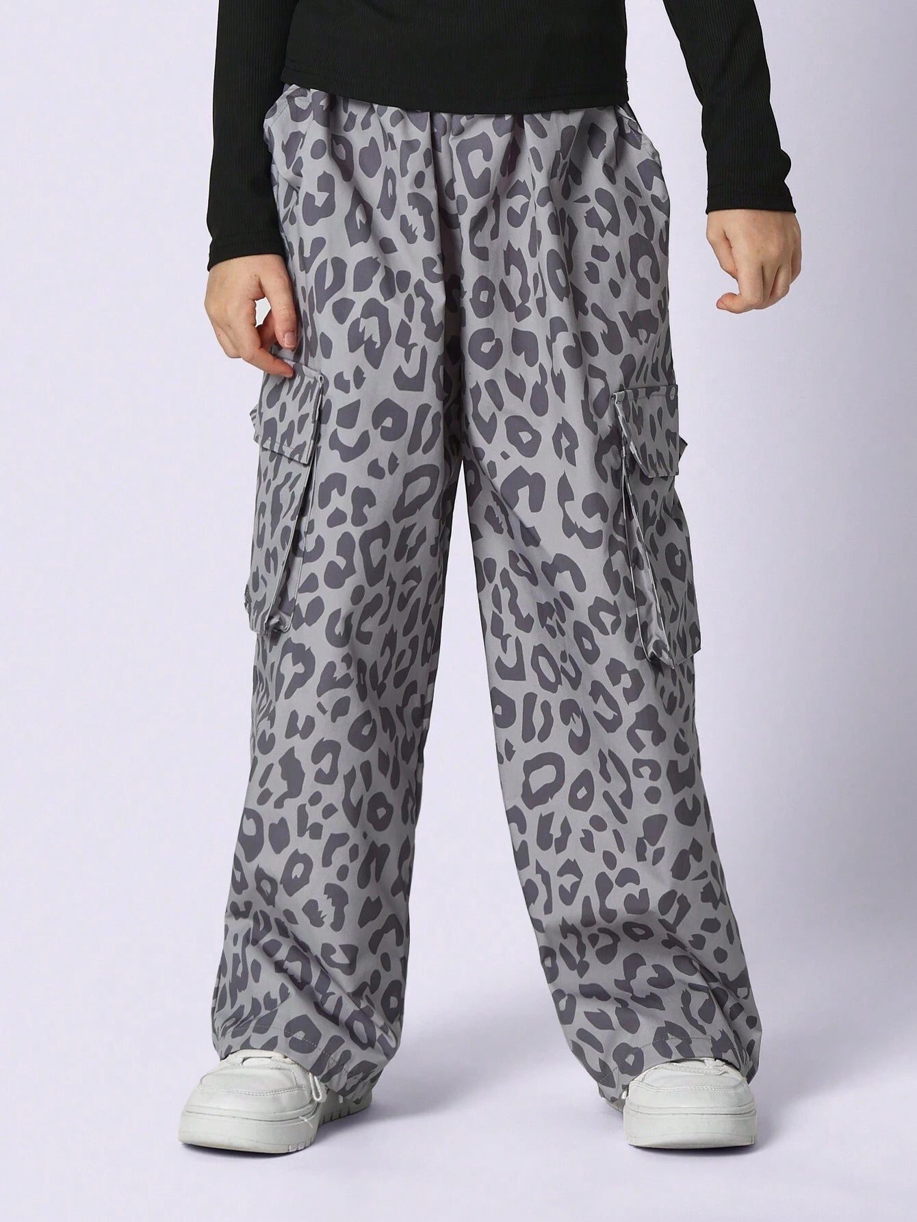 Tween Girls Slim Fit Cold Shoulder Rib Shirt And Cheetah Printed Cargo Pant