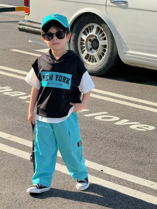 2pcs/Set Kids Boys Casual Korean Style Letter Print Raglan Hoodie And Wide Leg Sweatpants Blue