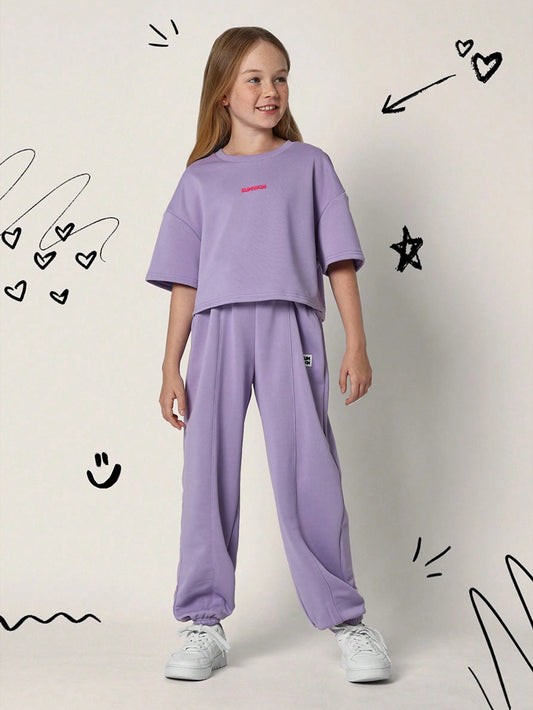 Tween Girls Comfy Boxy Crop Shirt And Jogger With Graphic Print Purple