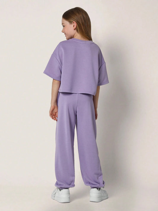 Tween Girls Comfy Boxy Crop Shirt And Jogger With Graphic Print