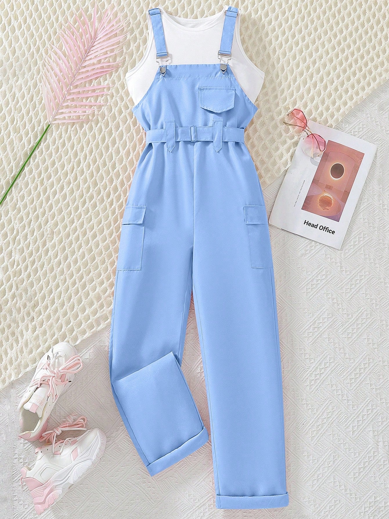 Casual 2 Pieces Set - Workwear Overalls Pants And Solid Color Round Neck Vest Blue