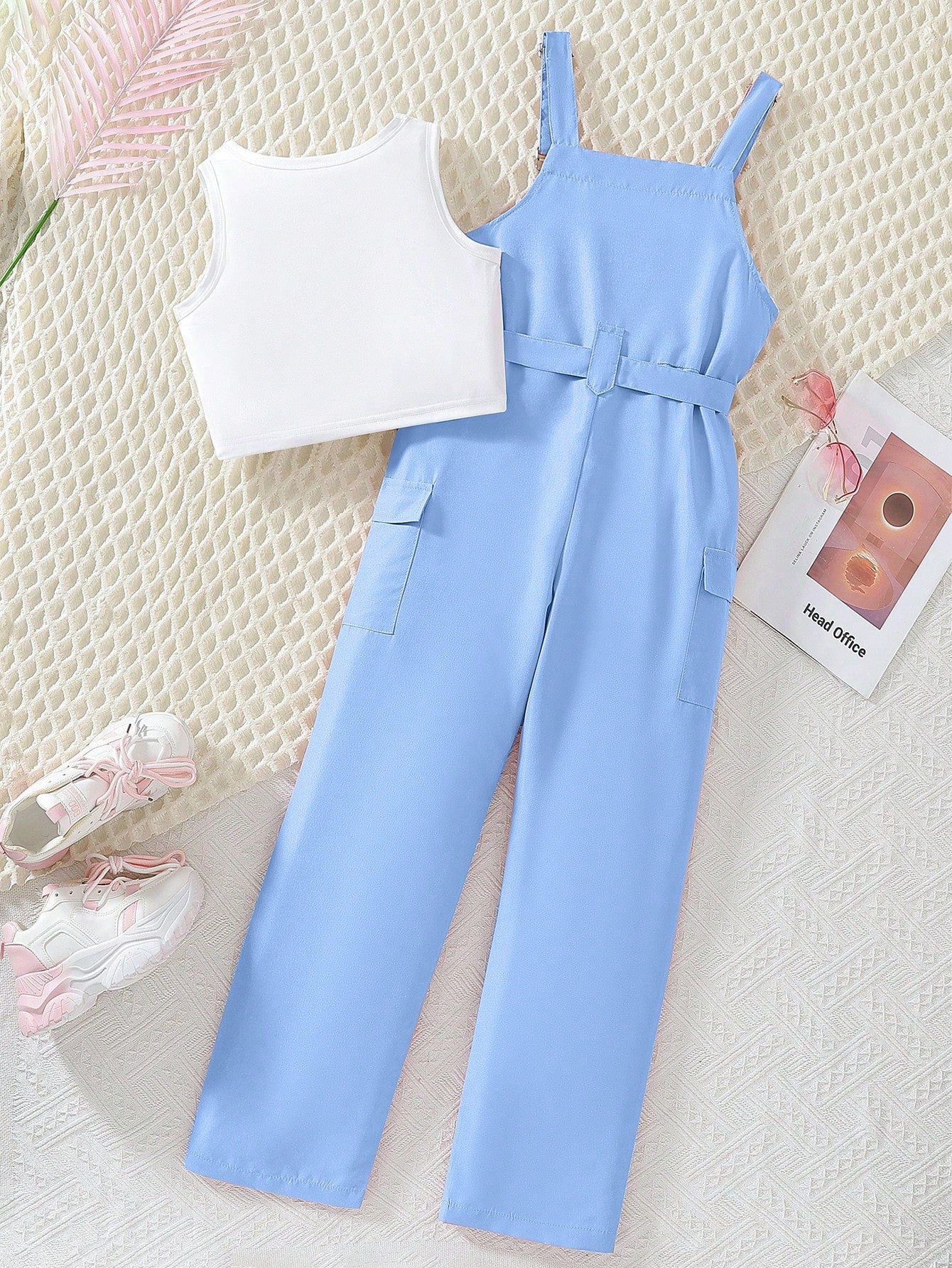 Casual 2 Pieces Set - Workwear Overalls Pants And Solid Color Round Neck Vest