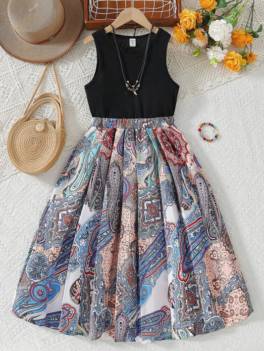 Tween Girl Paisley Print Elastic Waist Pleated Hem Dress Black