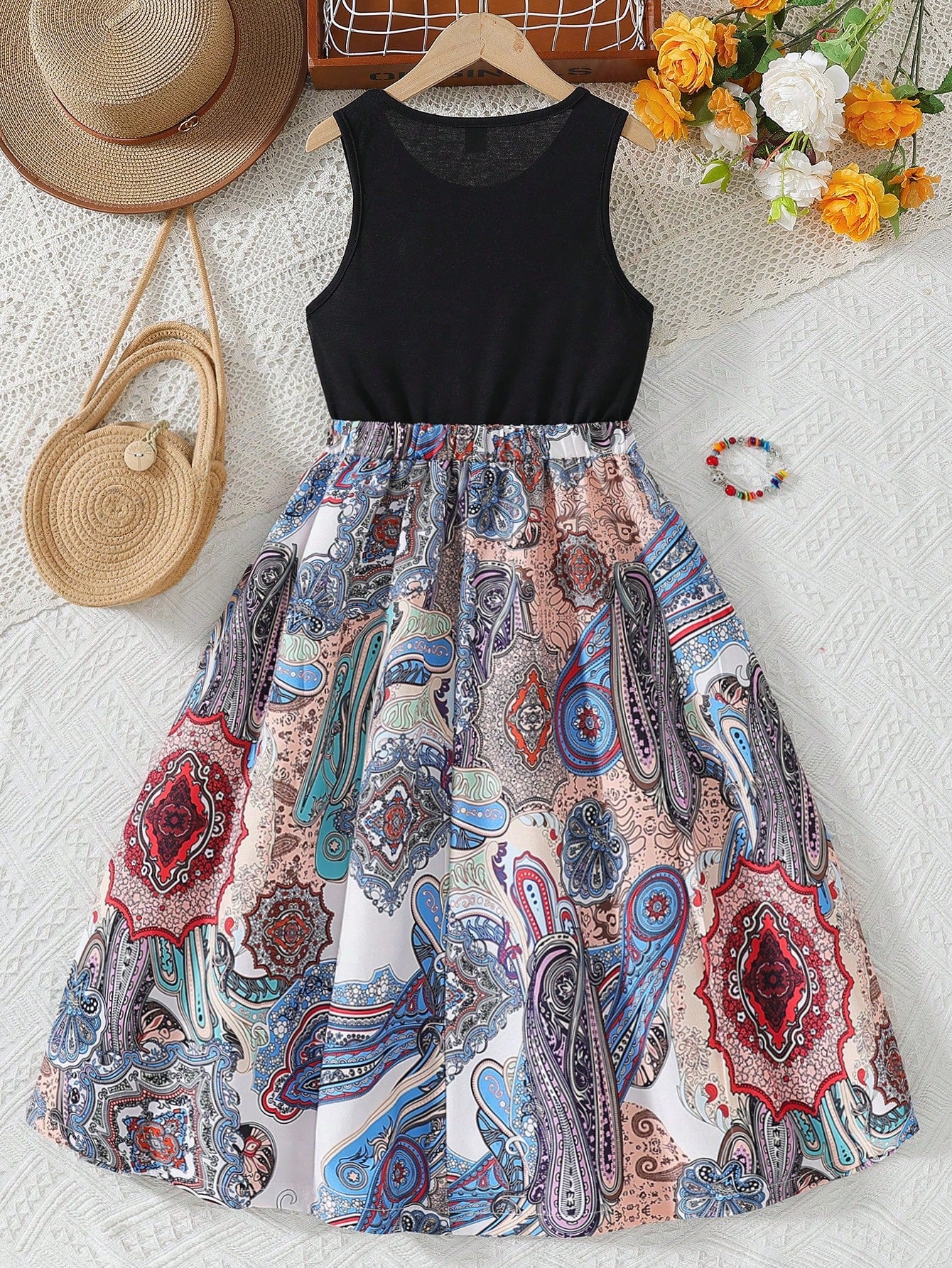 Tween Girl Paisley Print Elastic Waist Pleated Hem Dress