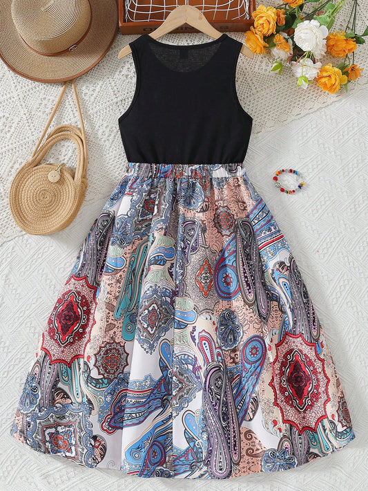Tween Girl Paisley Print Elastic Waist Pleated Hem Dress