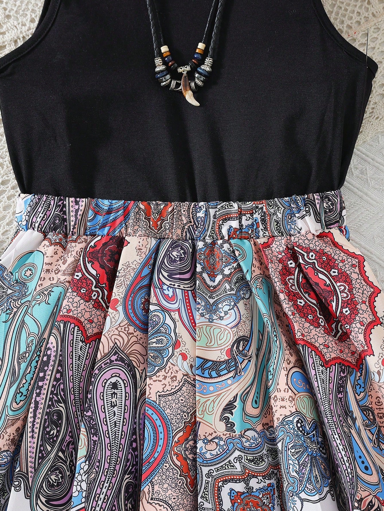 Tween Girl Paisley Print Elastic Waist Pleated Hem Dress