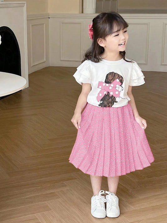 Young Girl Cute Back Print Lotus Leaf Short Sleeve T-Shirt + Polka Dot Skirt Pink