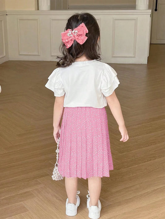 Young Girl Cute Back Print Lotus Leaf Short Sleeve T-Shirt + Polka Dot Skirt