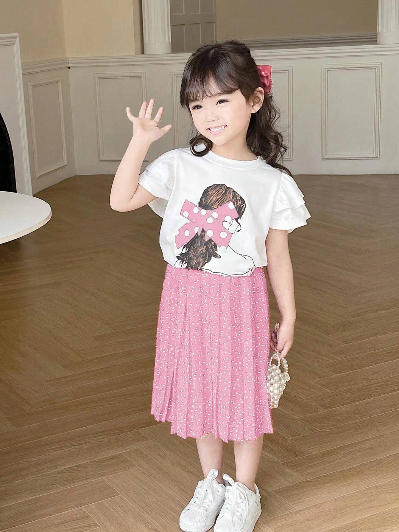Young Girl Cute Back Print Lotus Leaf Short Sleeve T-Shirt + Polka Dot Skirt