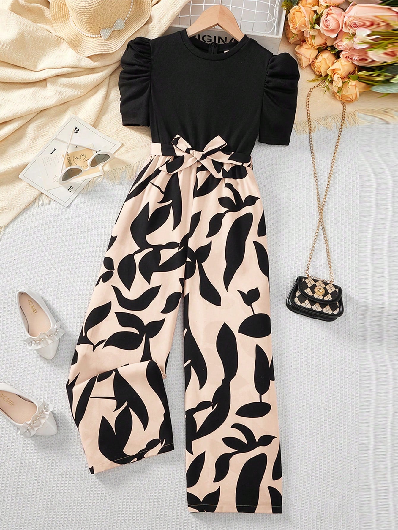 Tween Girl Elegant Monochrome Printed Splice Short Sleeve Wide Leg Jumpsuit Apricot