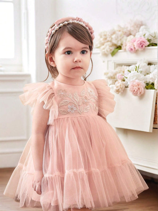 Baby Girl Cute & Elegant Floral Embroidered Mesh Contrast Ruffle Hem Dress Baby Pink