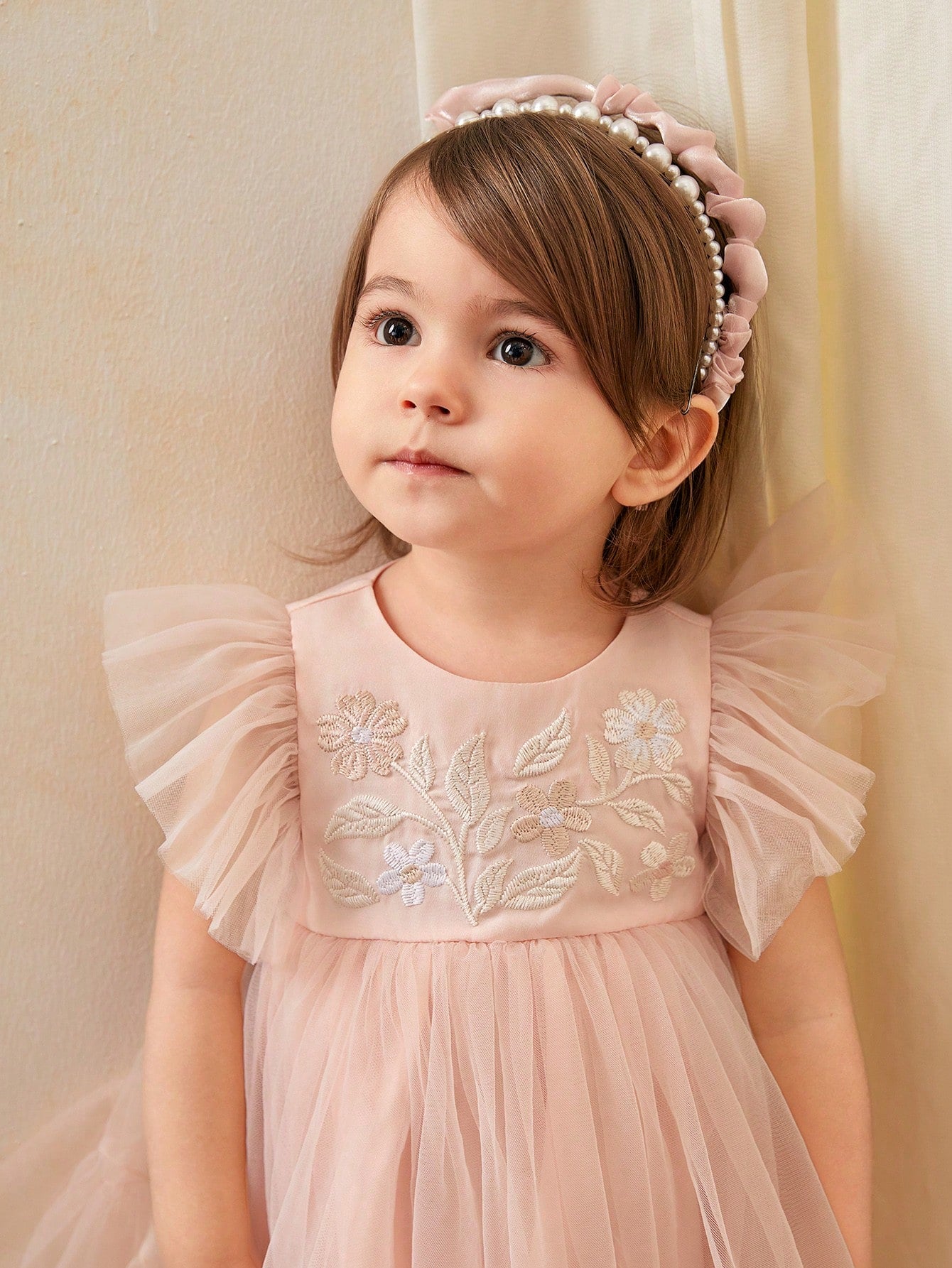 Baby Girl Cute & Elegant Floral Embroidered Mesh Contrast Ruffle Hem Dress