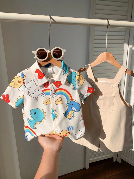 Casual Adorable Animal Print Loose Drop Shoulder Shirt And Shorts Apricot