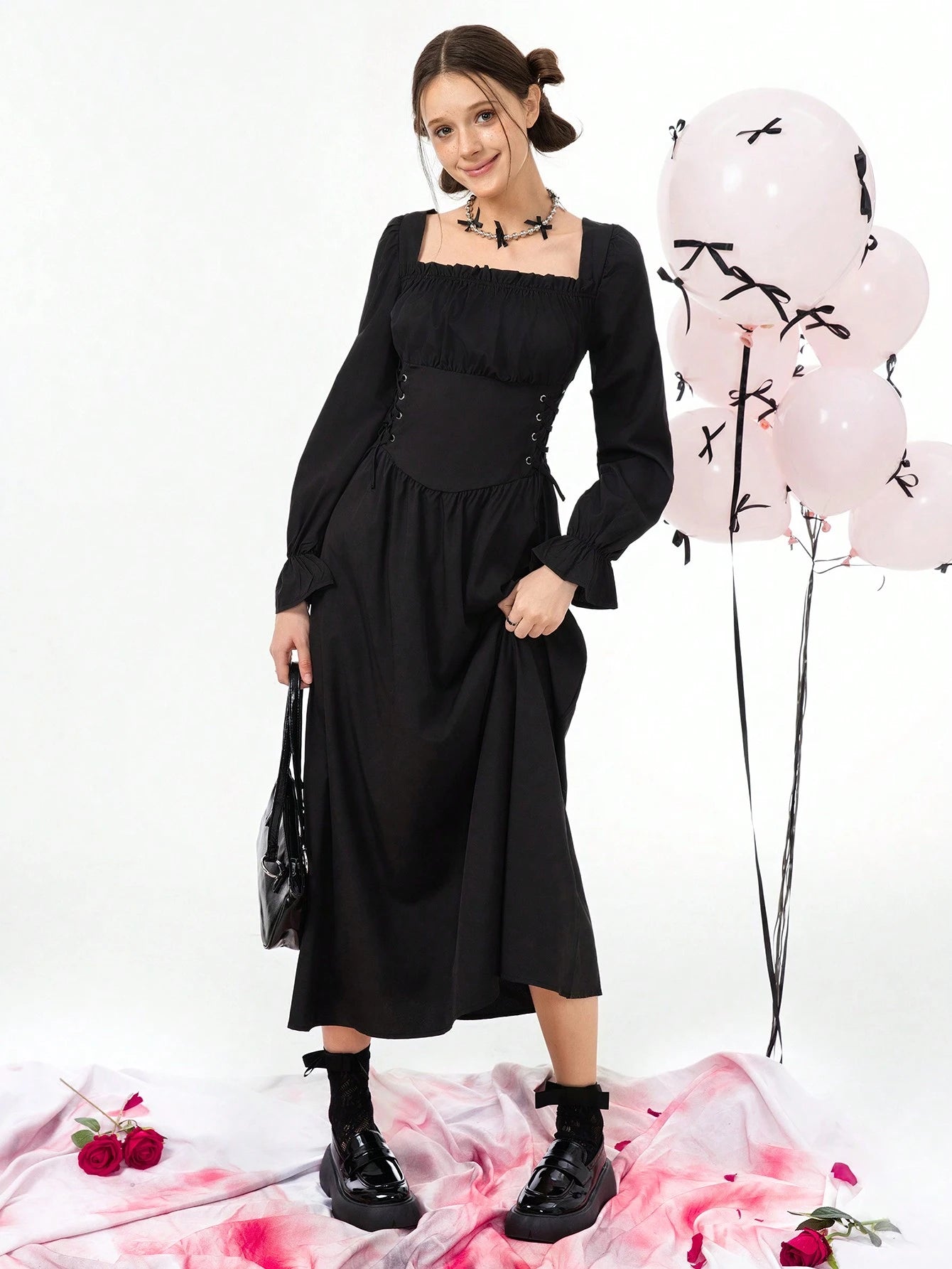 Teen Girl Gothic Style Long Sleeve Long Dress With Square Neckline Waist Cinched Black