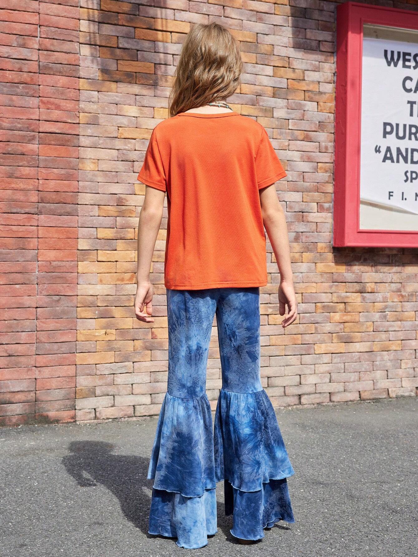 Rodeo Western Landscape Print Orange T-Shirt And Fashionable Ruffle Hem Flare Pants