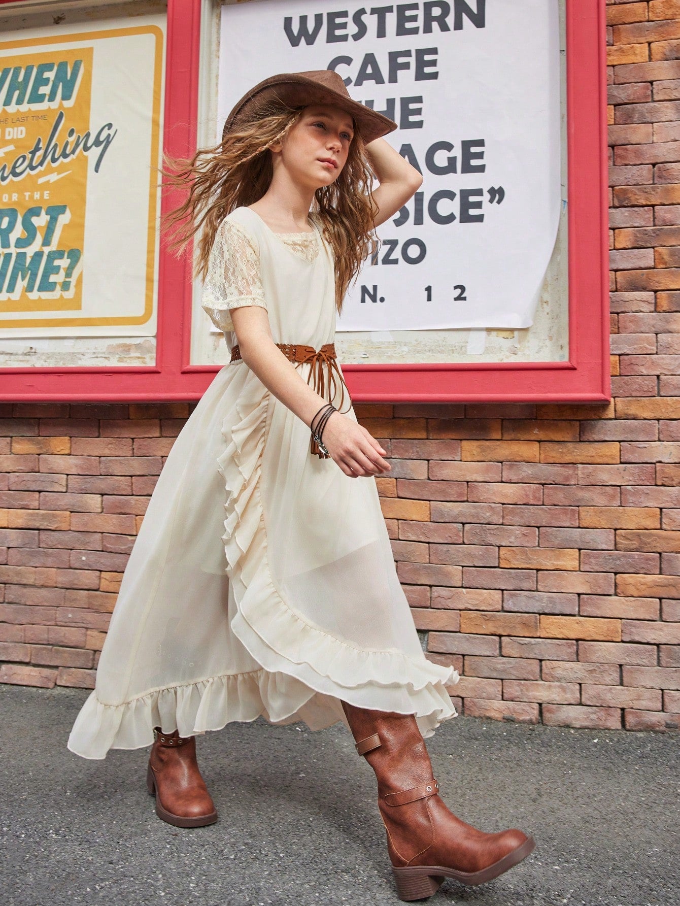 Lace Trim On Sleeves & Neckline, Side Pleated Design Long Dress