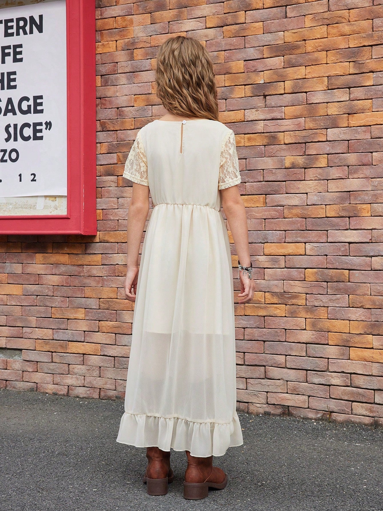 Lace Trim On Sleeves & Neckline, Side Pleated Design Long Dress