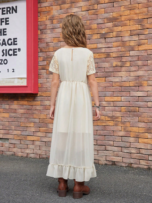 Lace Trim On Sleeves & Neckline, Side Pleated Design Long Dress