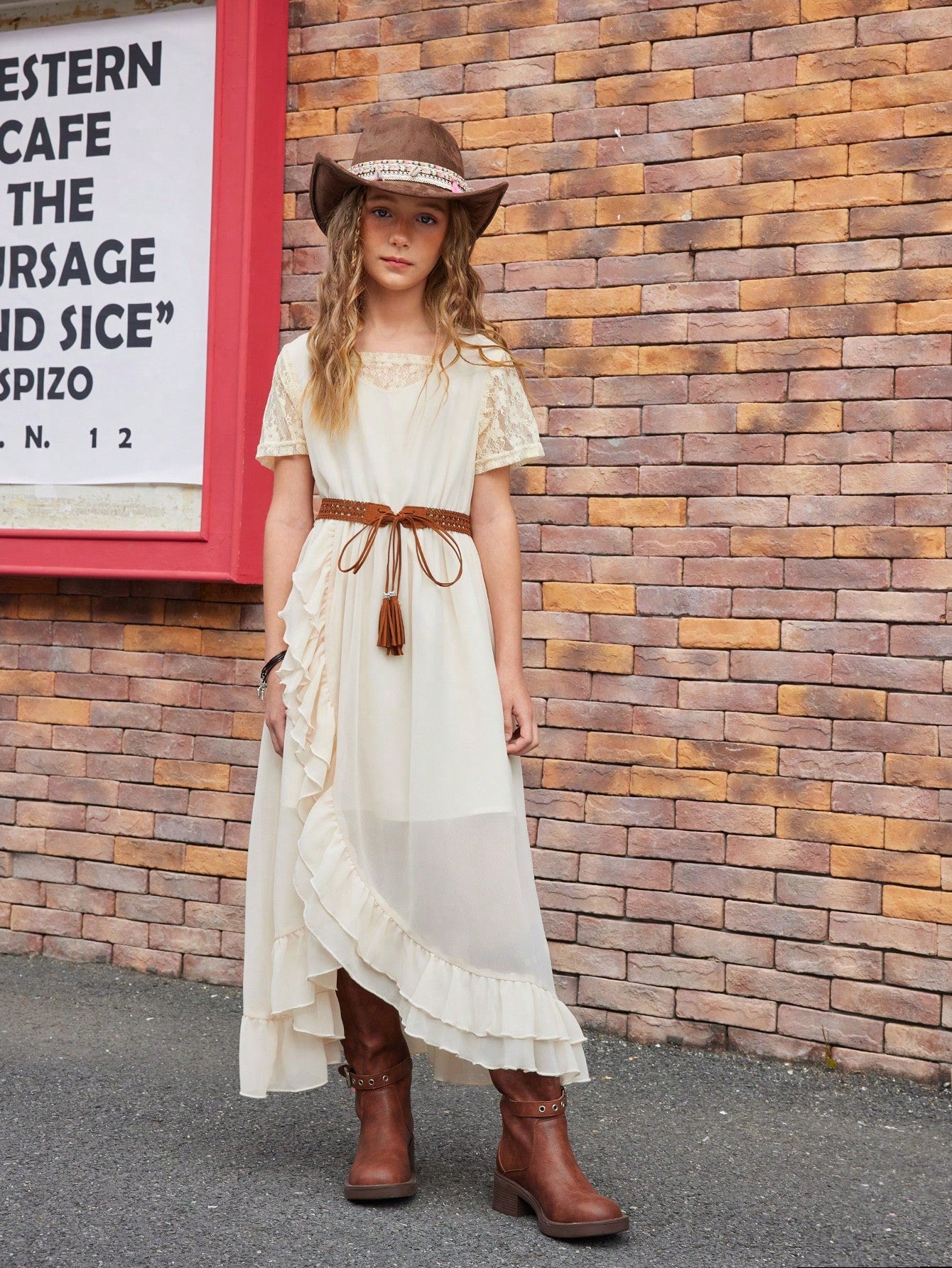Lace Trim On Sleeves & Neckline, Side Pleated Design Long Dress