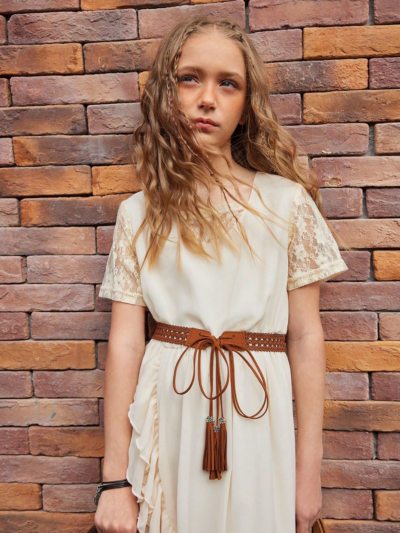 Lace Trim On Sleeves & Neckline, Side Pleated Design Long Dress
