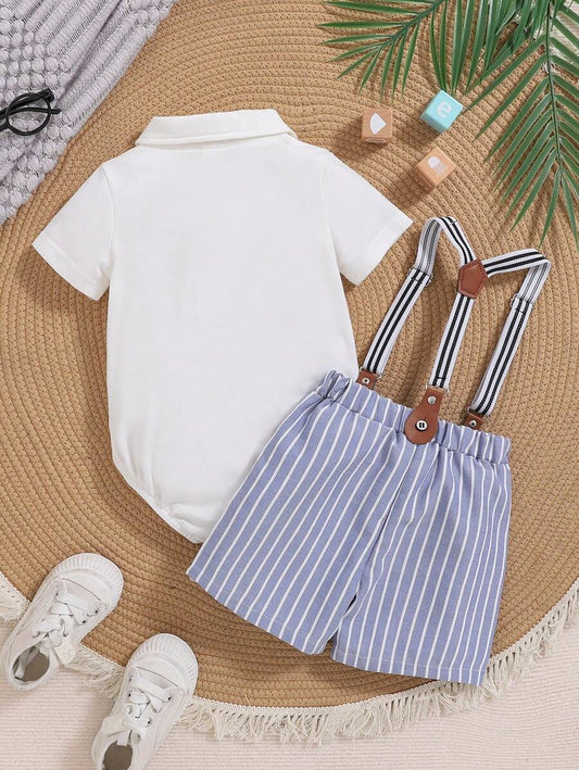 Baby Boys Gentleman Short Sleeve Romper Paired Striped Suspender Shorts