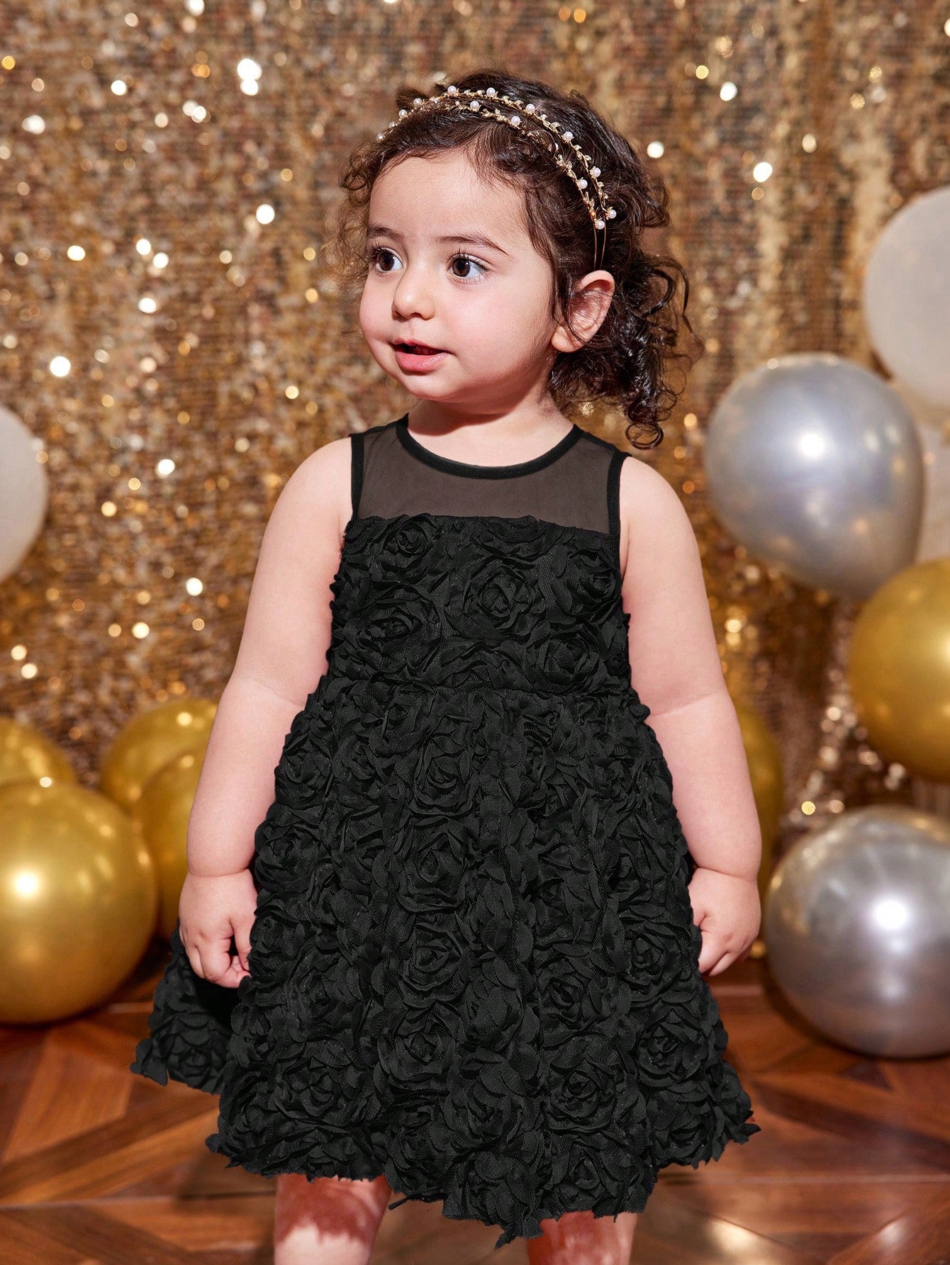 Baby Girl Fern Glow Cute & Elegant Rose Floral Mesh Sleeveless Mini Dress