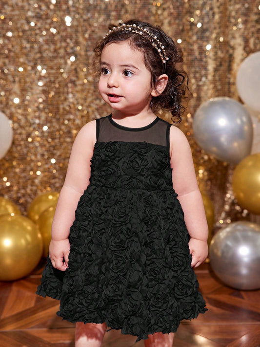 Baby Girl Fern Glow Cute & Elegant Rose Floral Mesh Sleeveless Mini Dress