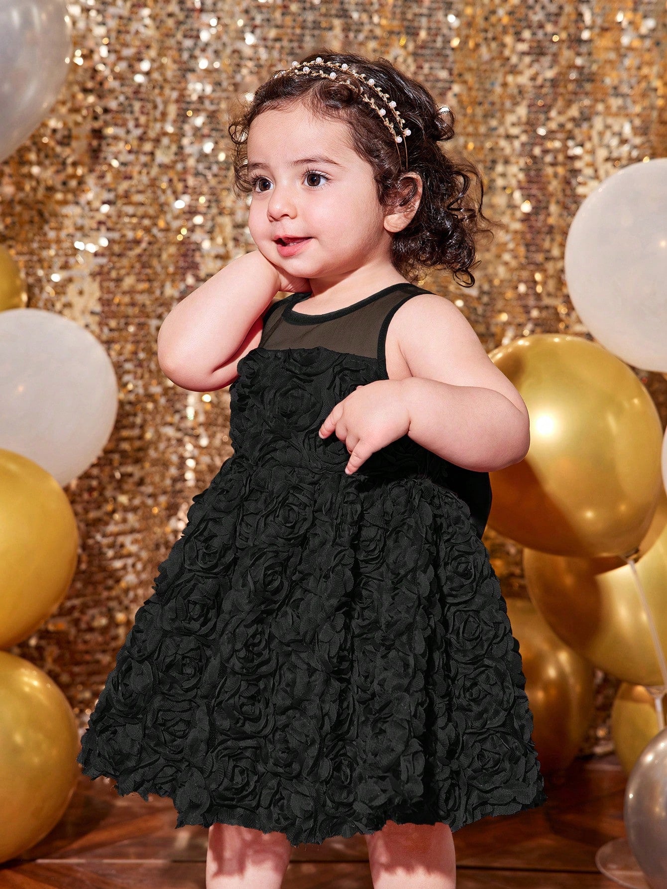 Baby Girl Fern Glow Cute & Elegant Rose Floral Mesh Sleeveless Mini Dress