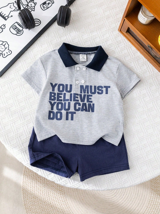 2pcs/Set Baby Boy Casual Cute Gray Letter Polo Shirt And Elastic Waist Shorts Set Multicolor