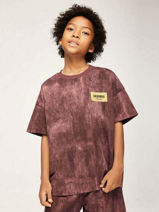 Vintage American Hip Hop Casual Letter Tie Dye Print Round Neck Short Sleeve T-Shirt & Straight Leg Shorts