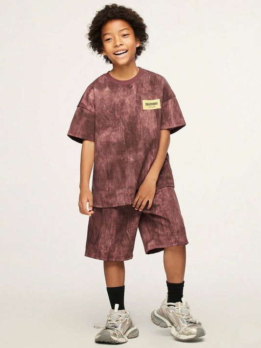 Vintage American Hip Hop Casual Letter Tie Dye Print Round Neck Short Sleeve T-Shirt & Straight Leg Shorts Burgundy
