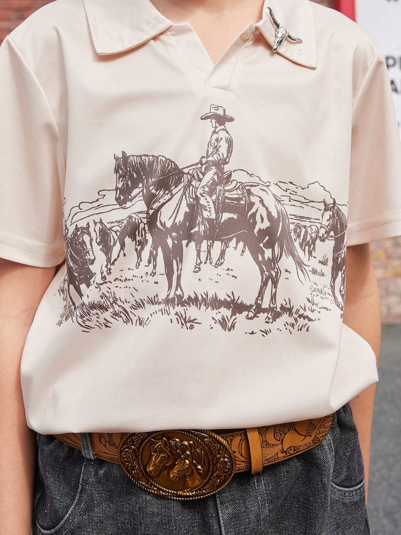 Boys' Western Landscape Print Polo Shirt, Paired With Distressed Versatile Denim Jeans
