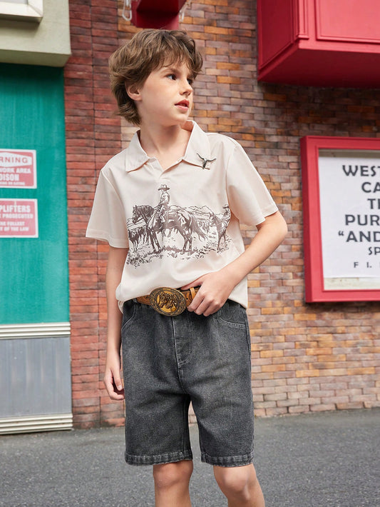 Boys' Western Landscape Print Polo Shirt, Paired With Distressed Versatile Denim Jeans Apricot