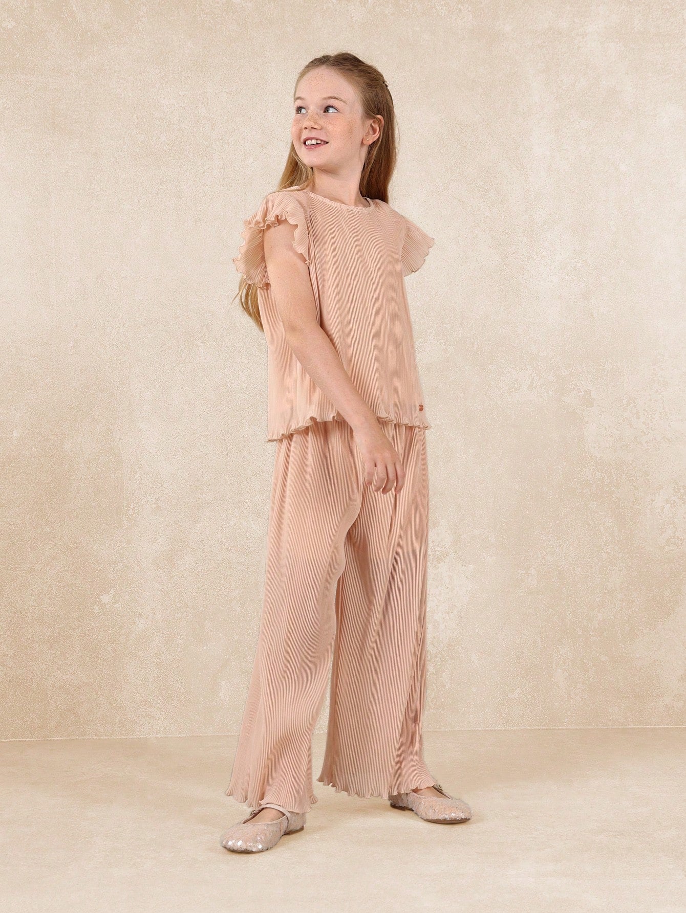 Tween Girls Regular Fit Frill Sleeve Ruffled Plisse Top And Pant Orange