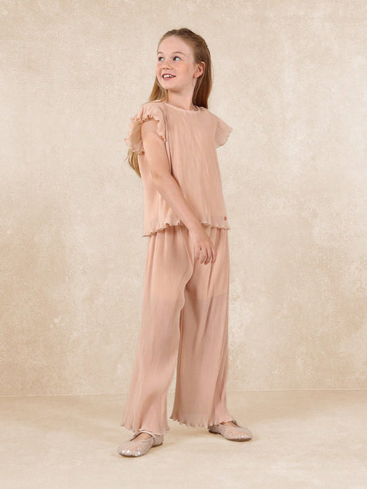 Tween Girls Regular Fit Frill Sleeve Ruffled Plisse Top And Pant Orange
