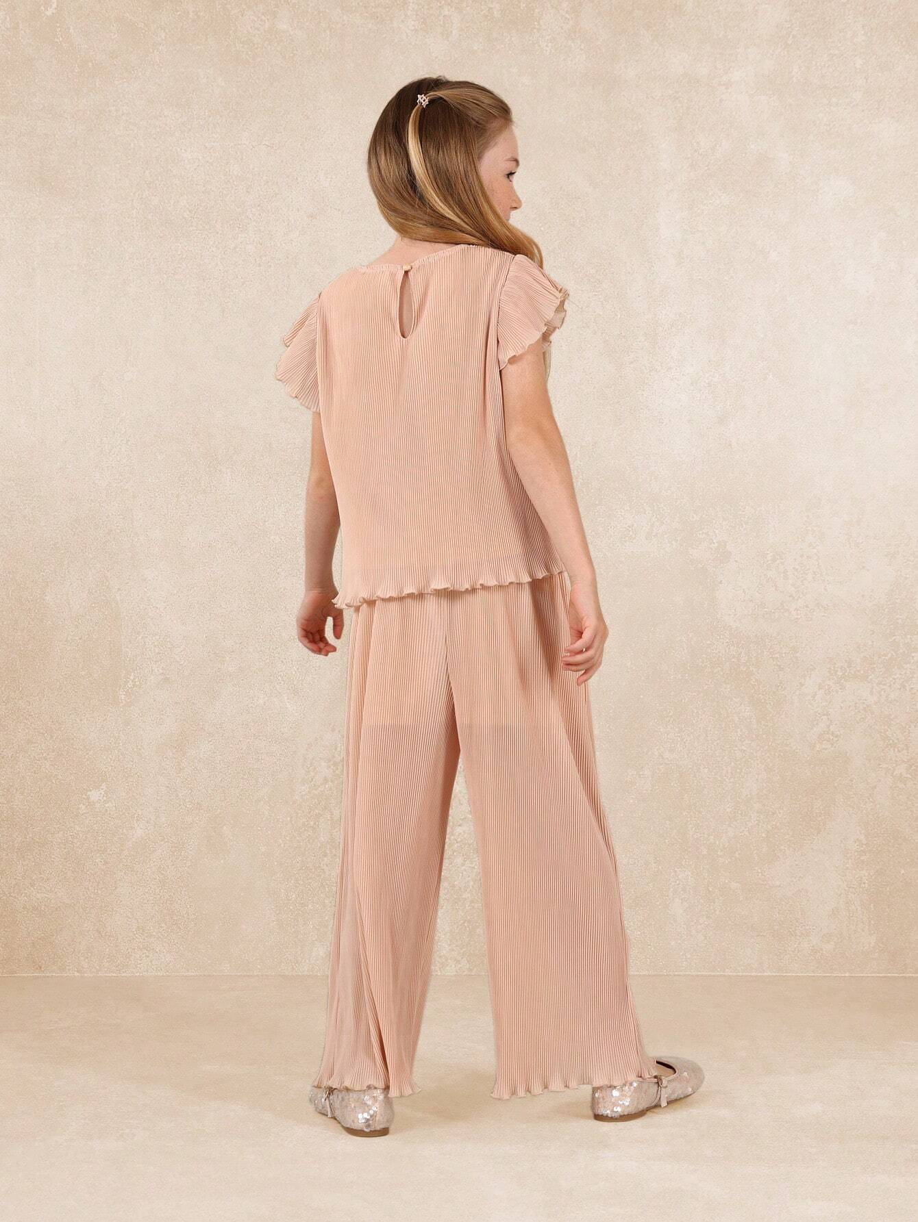 Tween Girls Regular Fit Frill Sleeve Ruffled Plisse Top And Pant