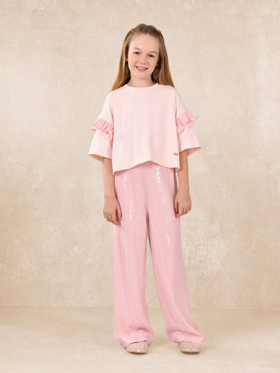 Tween Girls Crop Elbow Sleeve Sequin Top And Straight Fit Pant Pink