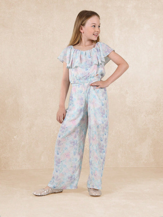 Tween Girls Crop Over All Printed Frill Top And Straight Fit Pant Multicolor