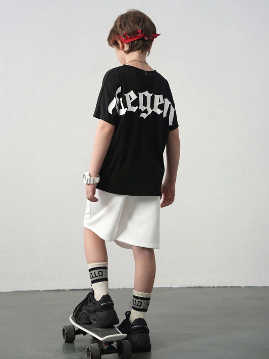 Tween Boys Casual Letter Graphic Loose Fit Black Round Neck Short Sleeve T-Shirt And White Shorts Black