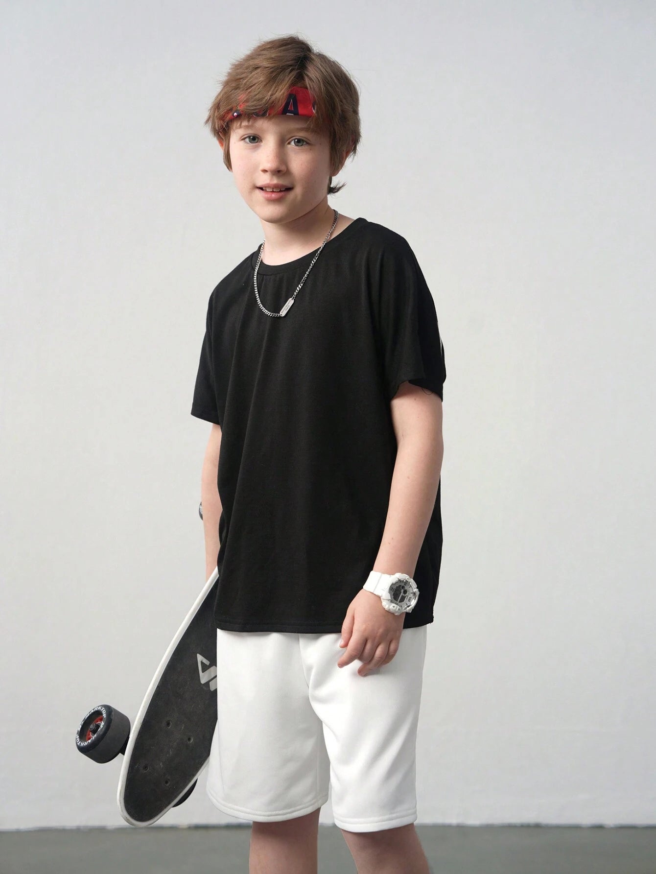 Tween Boys Casual Letter Graphic Loose Fit Black Round Neck Short Sleeve T-Shirt And White Shorts