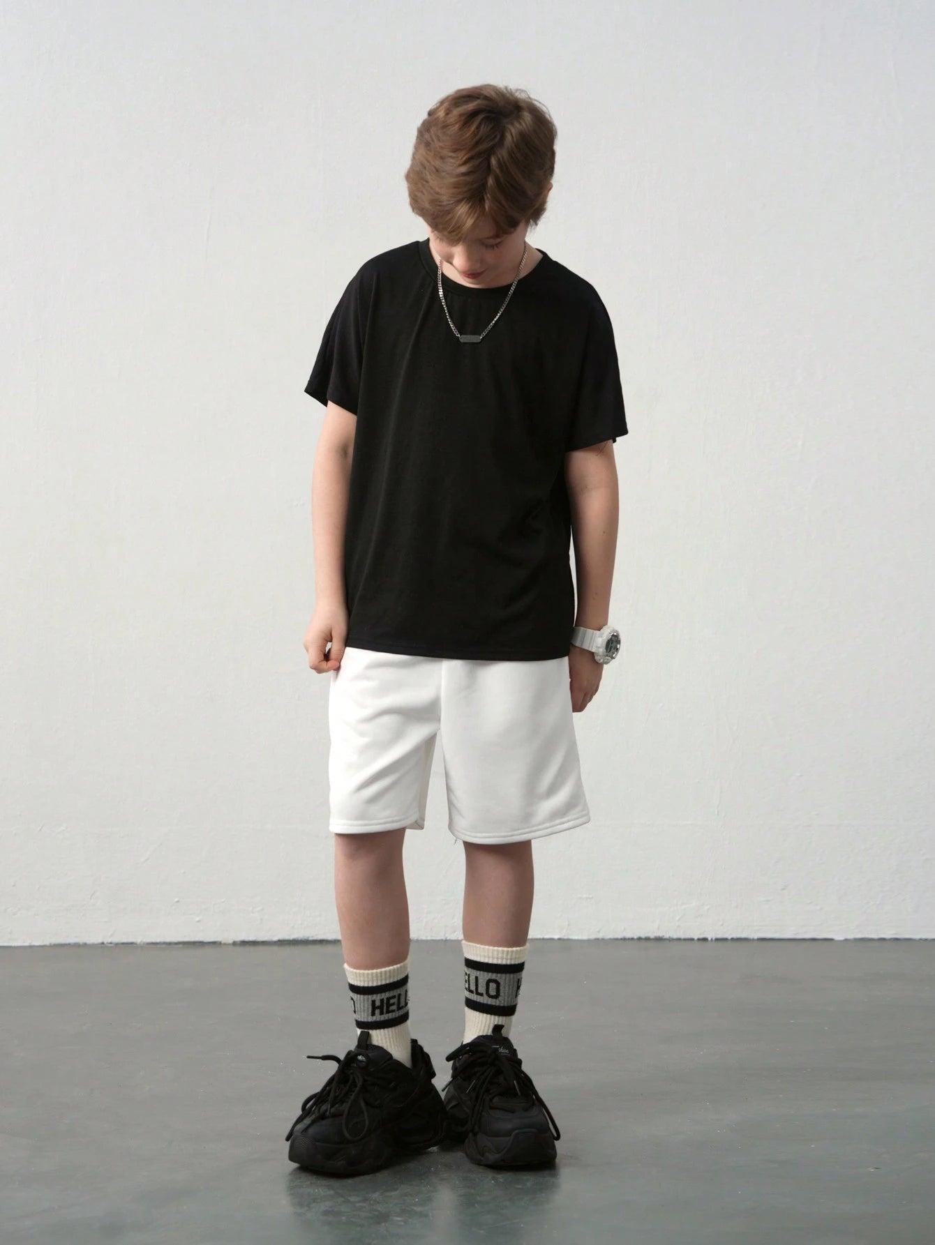 Tween Boys Casual Letter Graphic Loose Fit Black Round Neck Short Sleeve T-Shirt And White Shorts