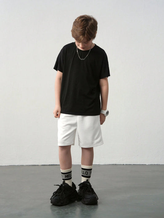 Tween Boys Casual Letter Graphic Loose Fit Black Round Neck Short Sleeve T-Shirt And White Shorts